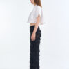 White Cropped Collar Shirt with Long Black Fringe Diamond Pants
