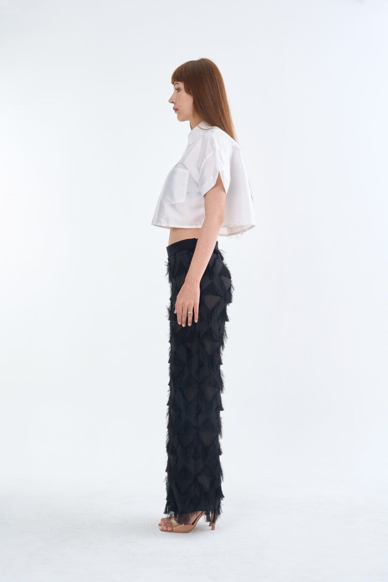 White Cropped Collar Shirt with Long Black Fringe Diamond Pants