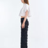 White Cropped Collar Shirt with Long Black Fringe Diamond Pants