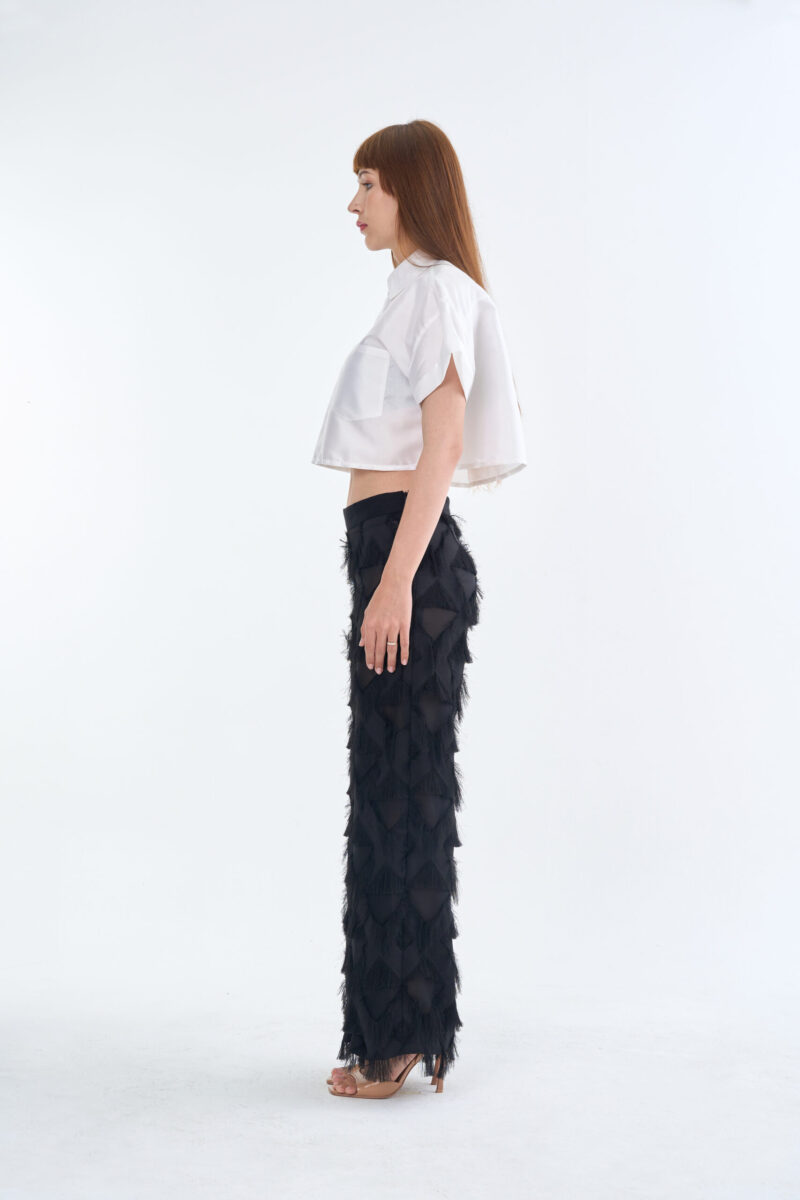 White Cropped Collar Shirt with Long Black Fringe Diamond Pants