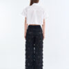 White Cropped Collar Shirt with Long Black Fringe Diamond Pants