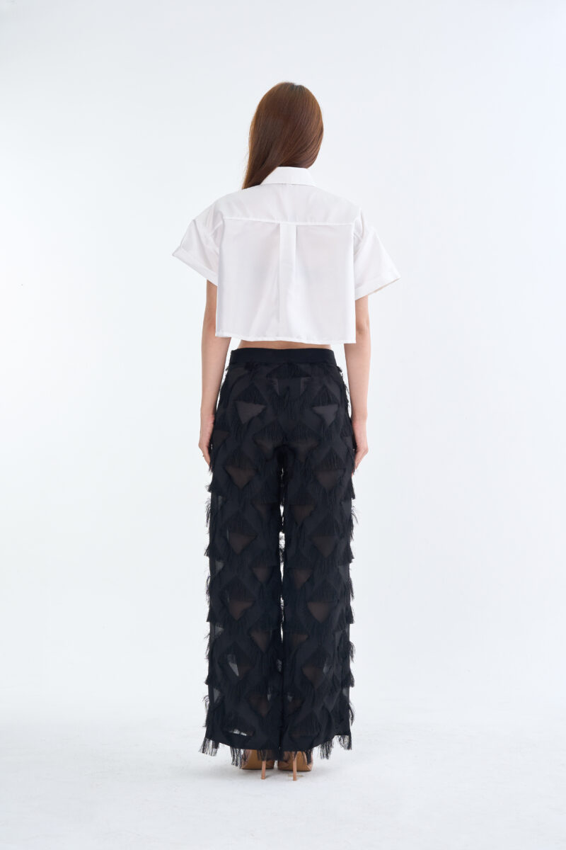 White Cropped Collar Shirt with Long Black Fringe Diamond Pants