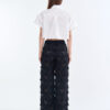 White Cropped Collar Shirt with Long Black Fringe Diamond Pants