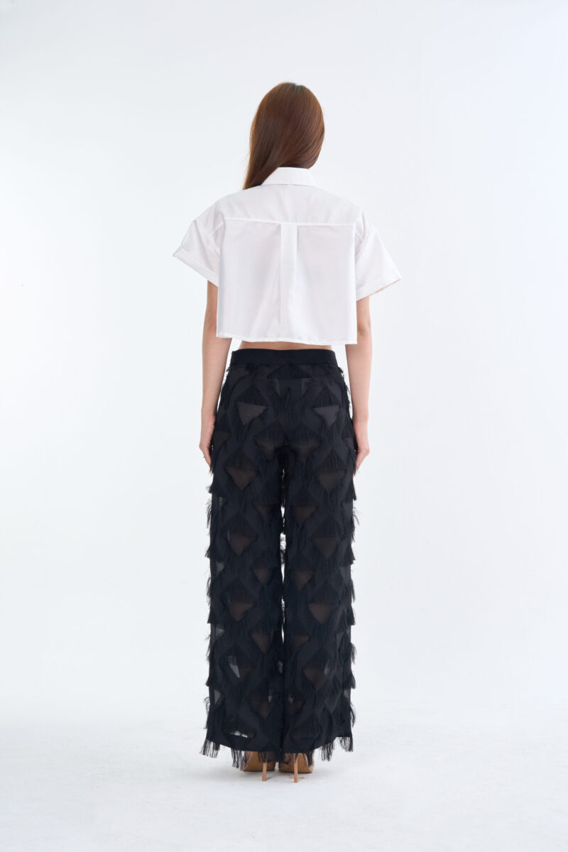 White Cropped Collar Shirt with Long Black Fringe Diamond Pants