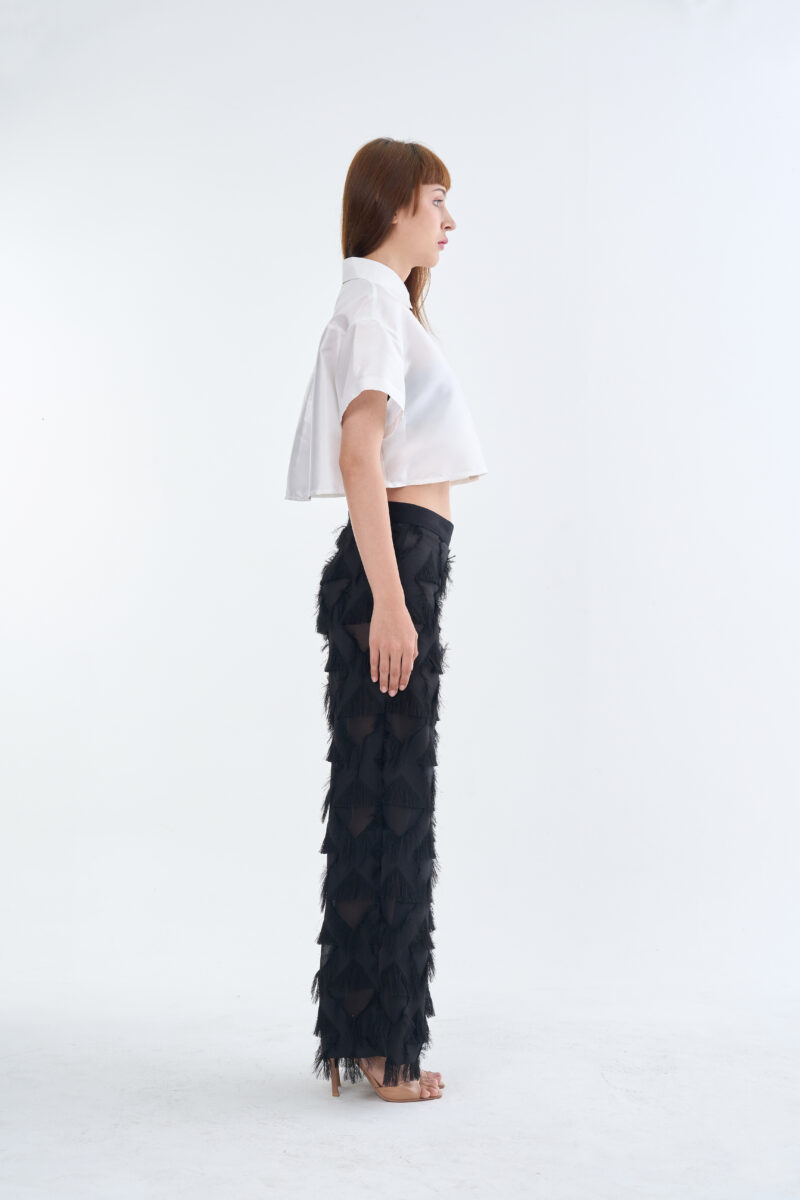 White Cropped Collar Shirt with Long Black Fringe Diamond Pants