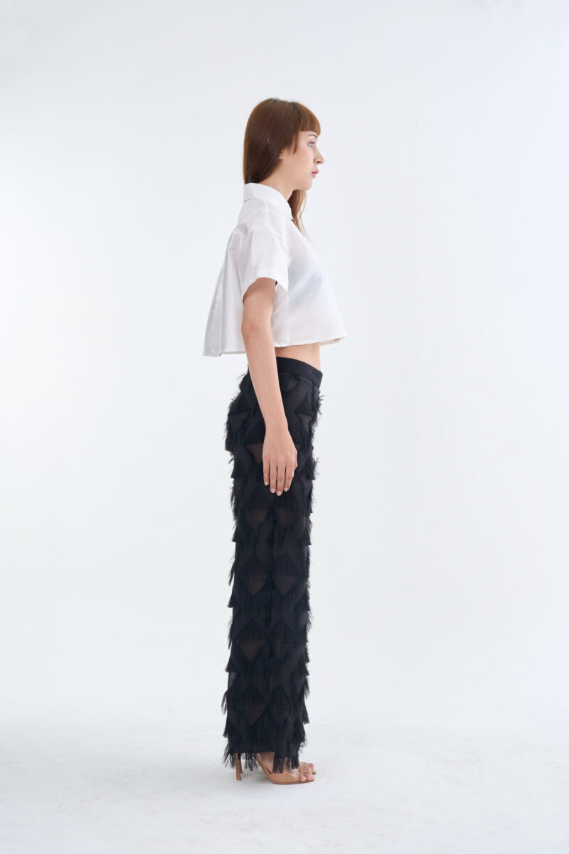 White Cropped Collar Shirt with Long Black Fringe Diamond Pants