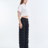 White Cropped Collar Shirt with Long Black Fringe Diamond Pants