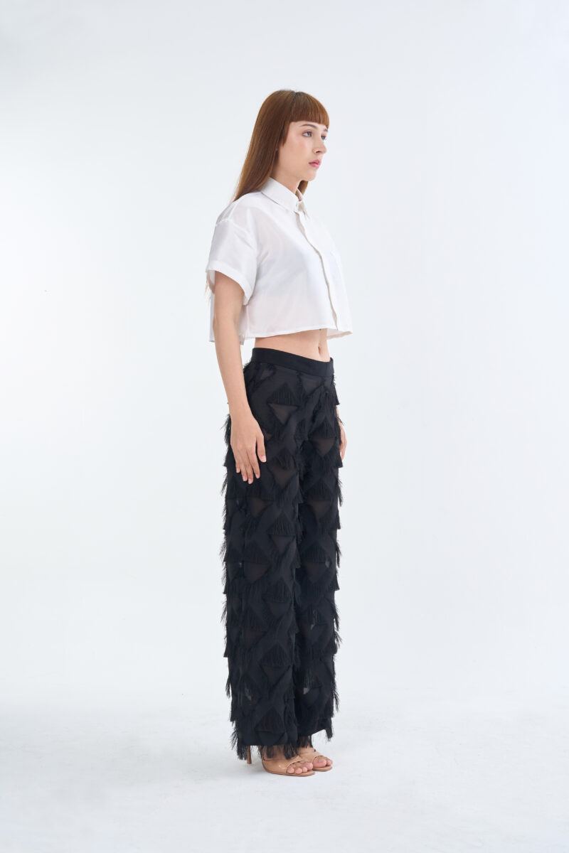White Cropped Collar Shirt with Long Black Fringe Diamond Pants