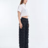 White Cropped Collar Shirt with Long Black Fringe Diamond Pants