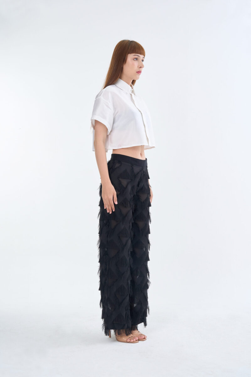 White Cropped Collar Shirt with Long Black Fringe Diamond Pants