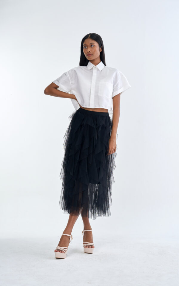 White Cropped Collar Shirt with Black Layered Tulle Midi Skirt