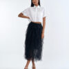 White Cropped Collar Shirt with Black Layered Tulle Midi Skirt