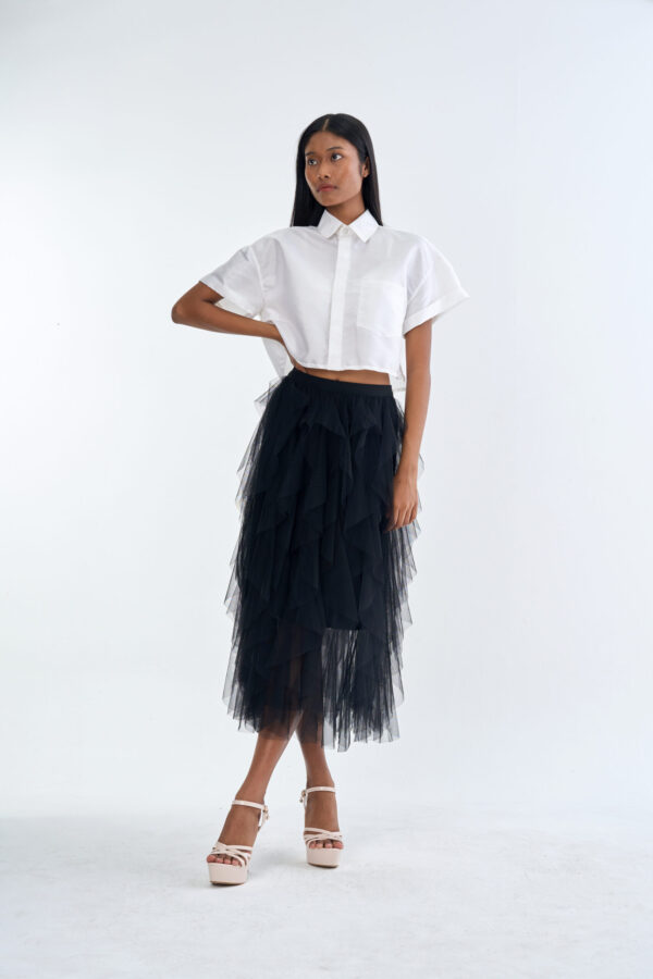 White Cropped Collar Shirt with Black Layered Tulle Midi Skirt