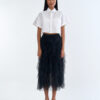 White Cropped Collar Shirt with Black Layered Tulle Midi Skirt