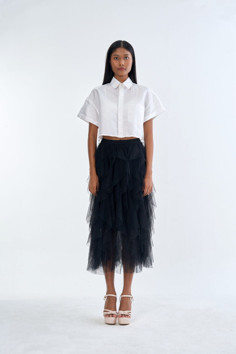 White Cropped Collar Shirt with Black Layered Tulle Midi Skirt