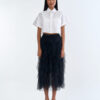 White Cropped Collar Shirt with Black Layered Tulle Midi Skirt