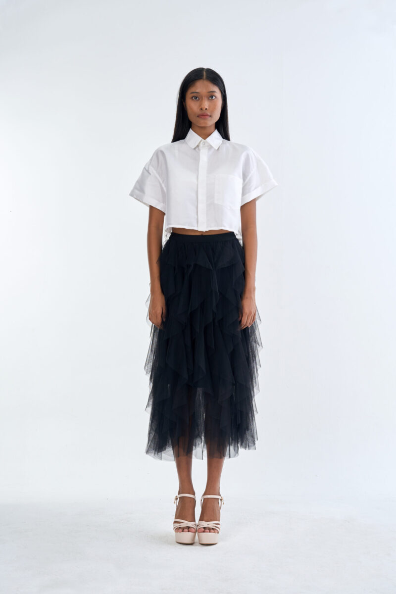 White Cropped Collar Shirt with Black Layered Tulle Midi Skirt