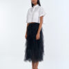 White Cropped Collar Shirt with Black Layered Tulle Midi Skirt