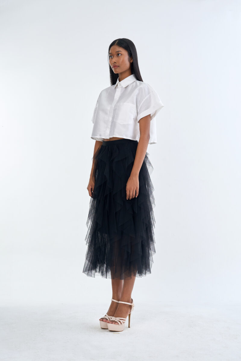 White Cropped Collar Shirt with Black Layered Tulle Midi Skirt