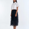 White Cropped Collar Shirt with Black Layered Tulle Midi Skirt