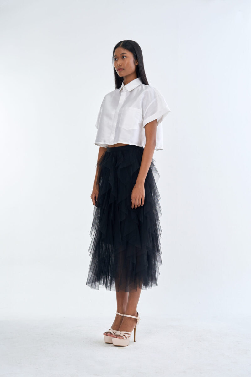 White Cropped Collar Shirt with Black Layered Tulle Midi Skirt