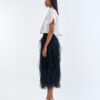White Cropped Collar Shirt with Black Layered Tulle Midi Skirt