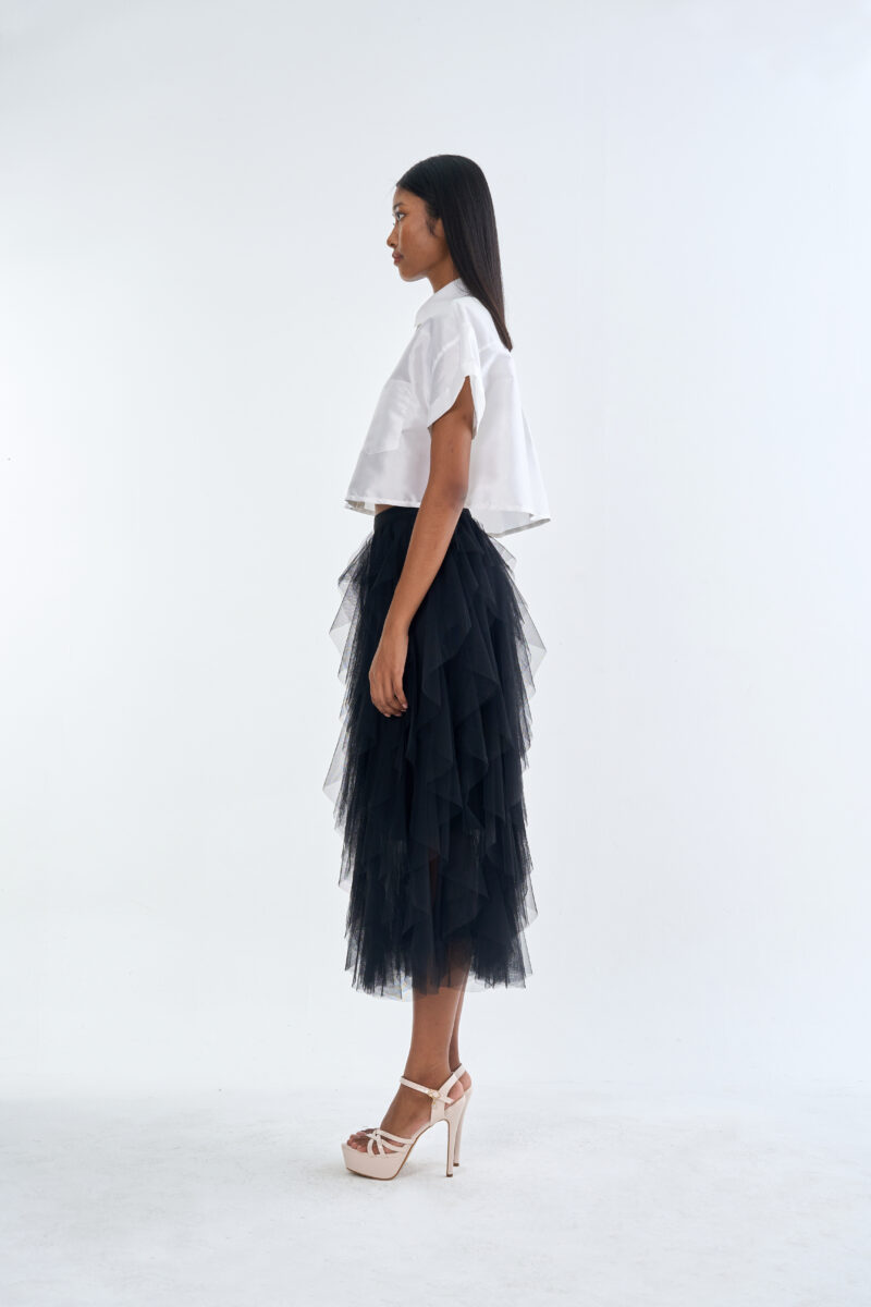 White Cropped Collar Shirt with Black Layered Tulle Midi Skirt