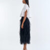 White Cropped Collar Shirt with Black Layered Tulle Midi Skirt