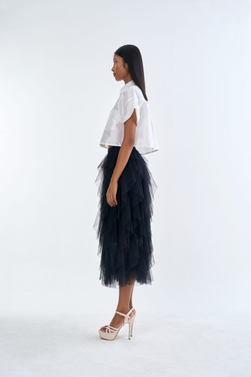 White Cropped Collar Shirt with Black Layered Tulle Midi Skirt