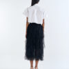 White Cropped Collar Shirt with Black Layered Tulle Midi Skirt