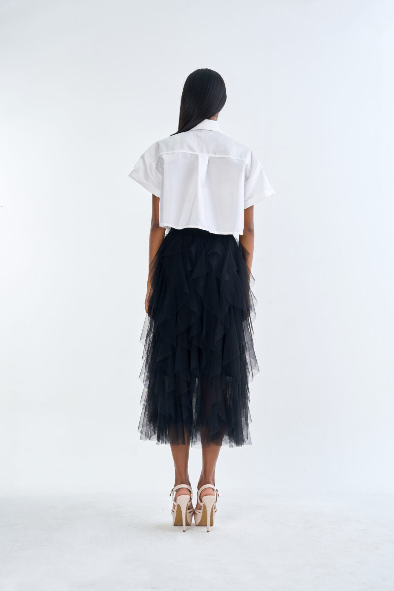 White Cropped Collar Shirt with Black Layered Tulle Midi Skirt