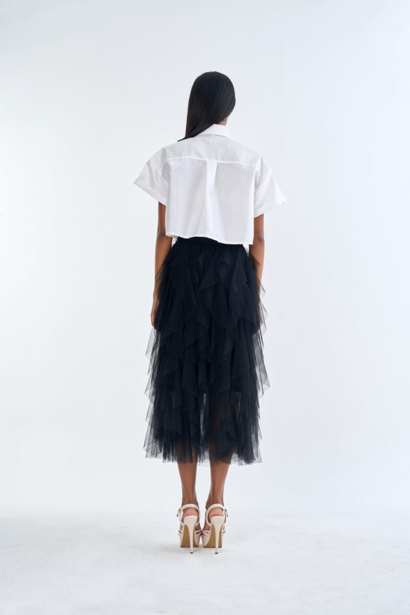White Cropped Collar Shirt with Black Layered Tulle Midi Skirt