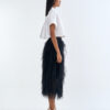 White Cropped Collar Shirt with Black Layered Tulle Midi Skirt