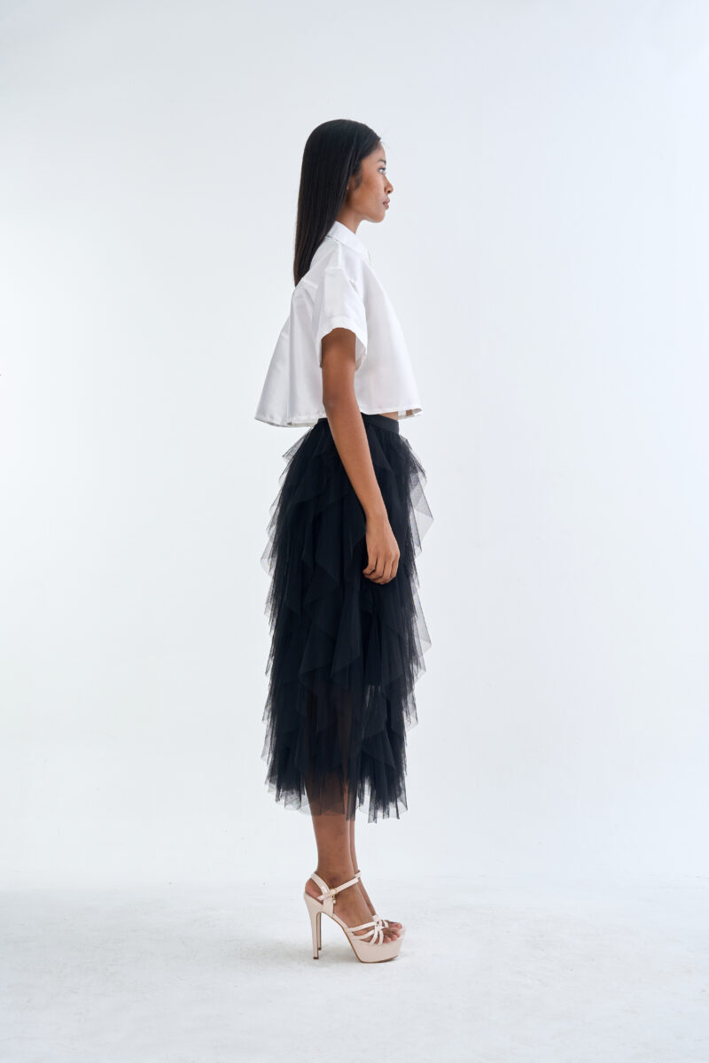 White Cropped Collar Shirt with Black Layered Tulle Midi Skirt