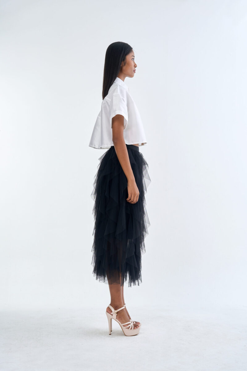 White Cropped Collar Shirt with Black Layered Tulle Midi Skirt