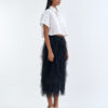 White Cropped Collar Shirt with Black Layered Tulle Midi Skirt