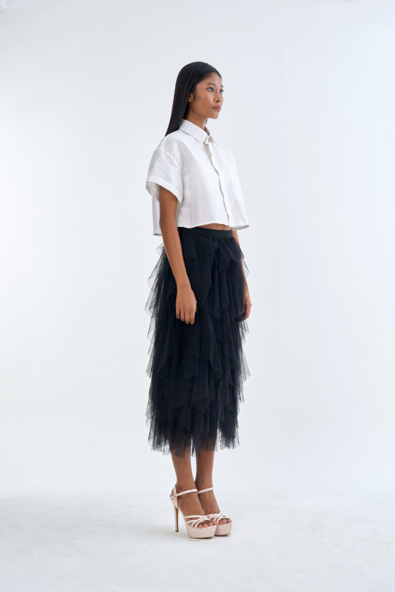White Cropped Collar Shirt with Black Layered Tulle Midi Skirt