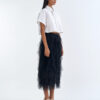 White Cropped Collar Shirt with Black Layered Tulle Midi Skirt