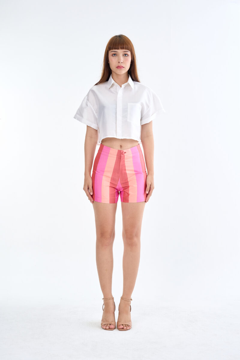 White Cropped Shirt with Pink Multi-Tone Shorts
