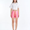 White Cropped Shirt with Pink Multi-Tone Shorts