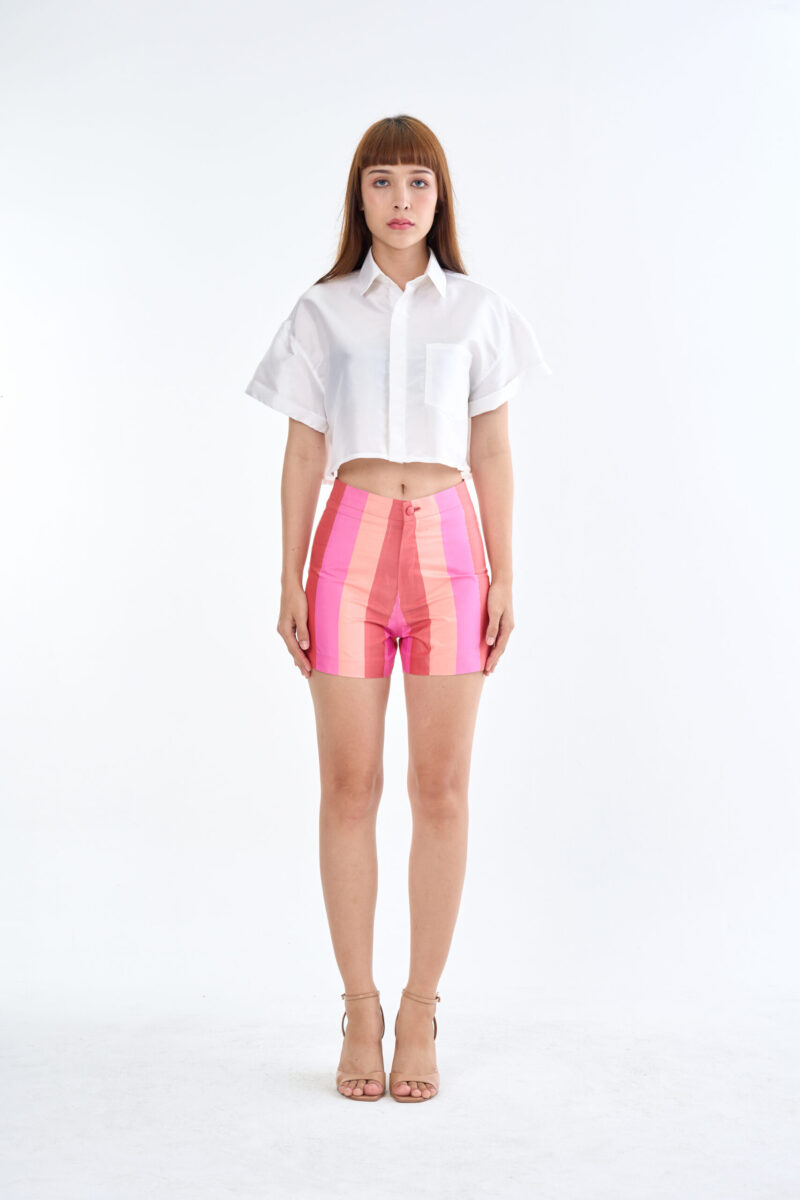 White Cropped Shirt with Pink Multi-Tone Shorts