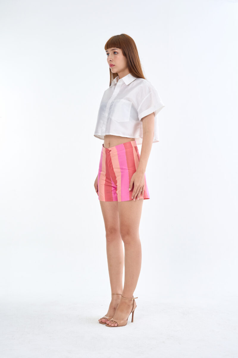 White Cropped Shirt with Pink Multi-Tone Shorts