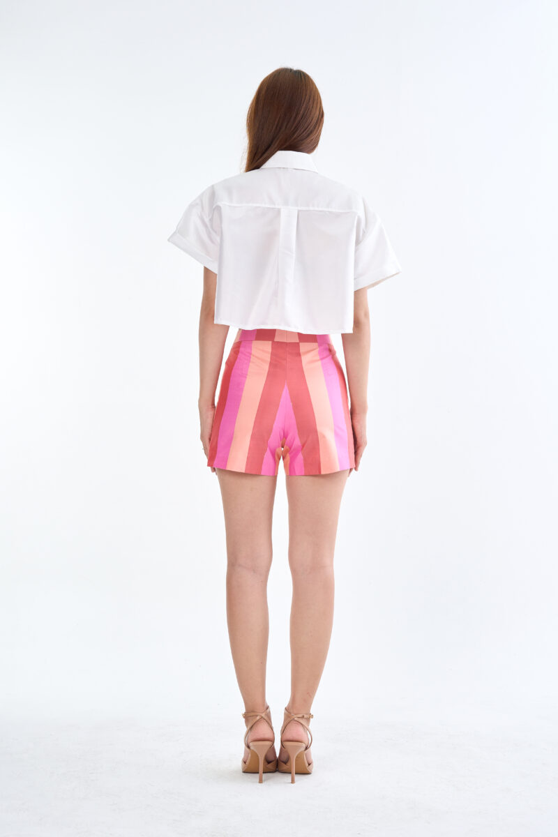 White Cropped Shirt with Pink Multi-Tone Shorts