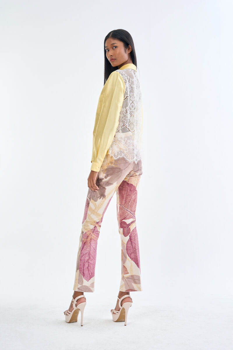 Pastel Yellow Long Sleeve Shirt & Leaf Print Pants Set