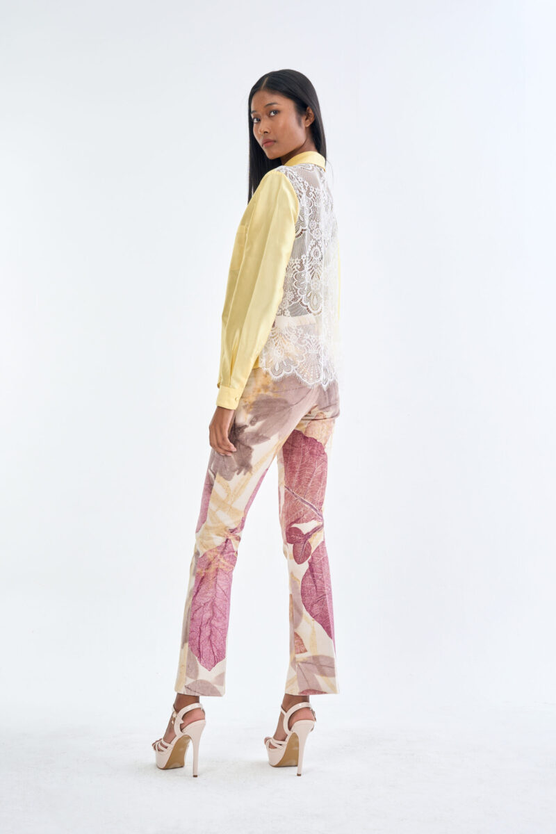 Pastel Yellow Long Sleeve Shirt & Leaf Print Pants Set