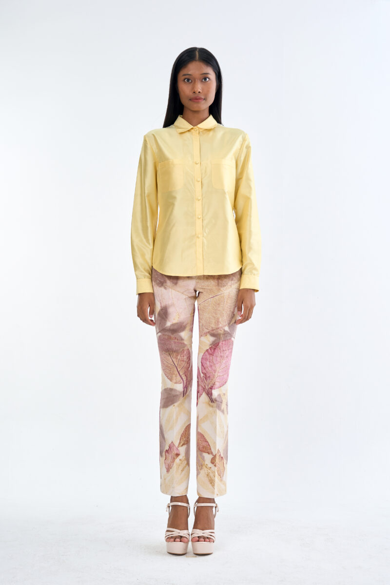 Pastel Yellow Long Sleeve Shirt & Leaf Print Pants Set