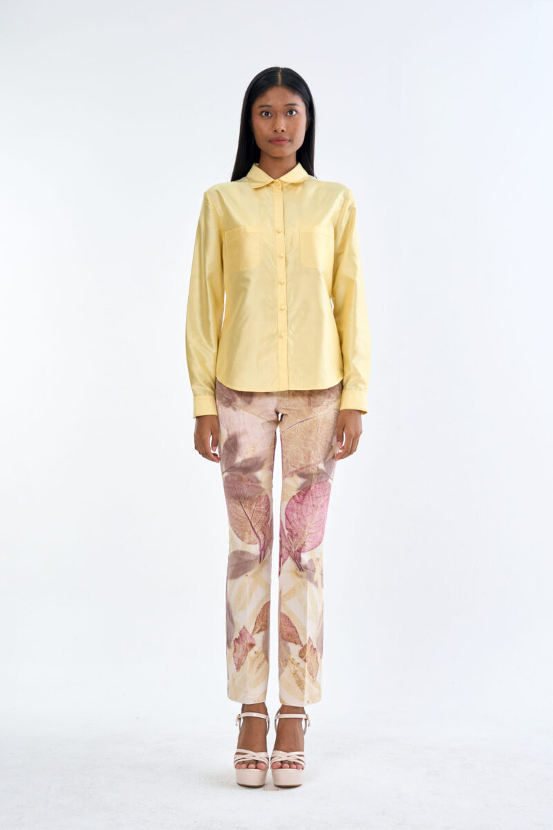 Pastel Yellow Long Sleeve Shirt & Leaf Print Pants Set
