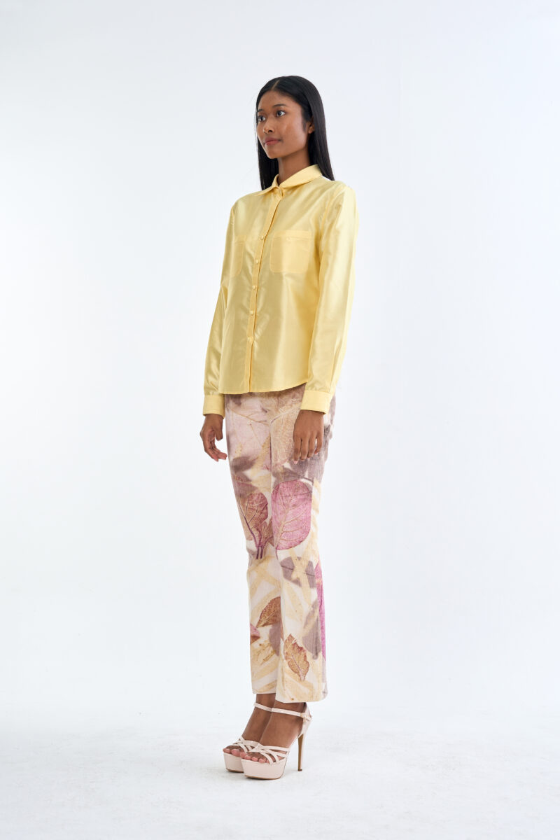 Pastel Yellow Long Sleeve Shirt & Leaf Print Pants Set