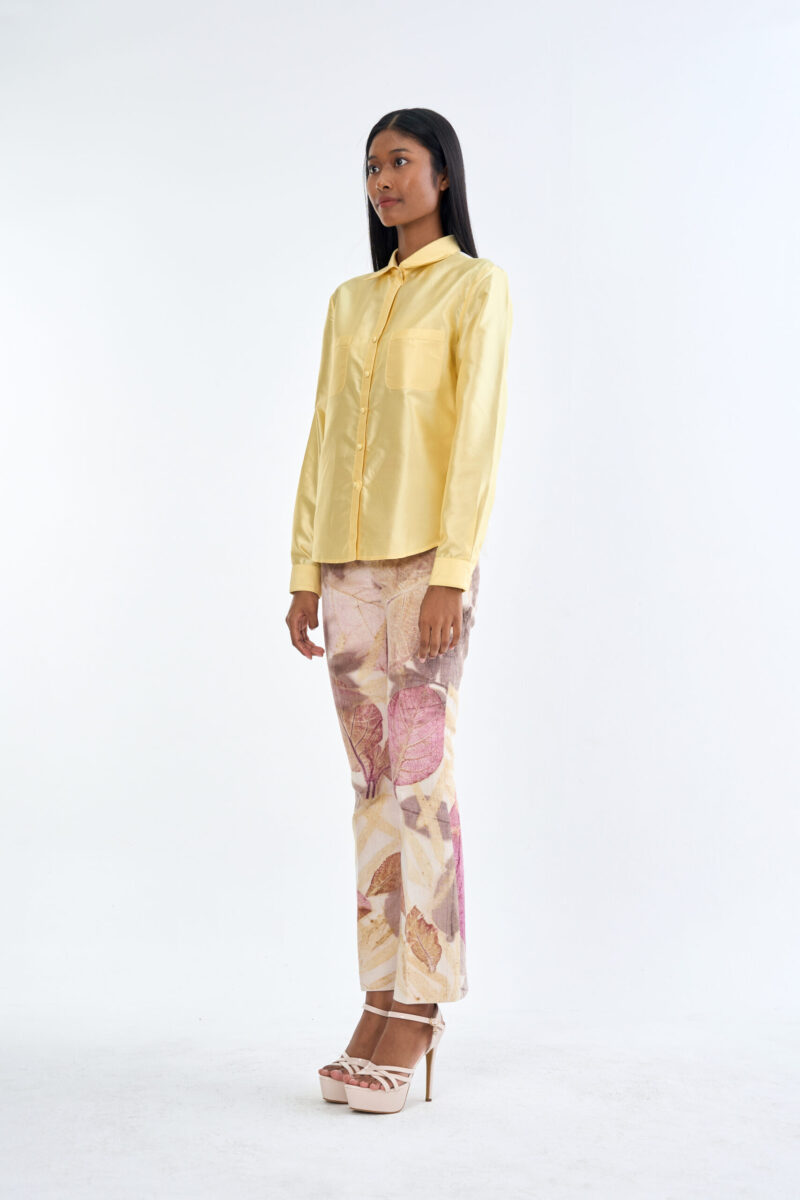 Pastel Yellow Long Sleeve Shirt & Leaf Print Pants Set