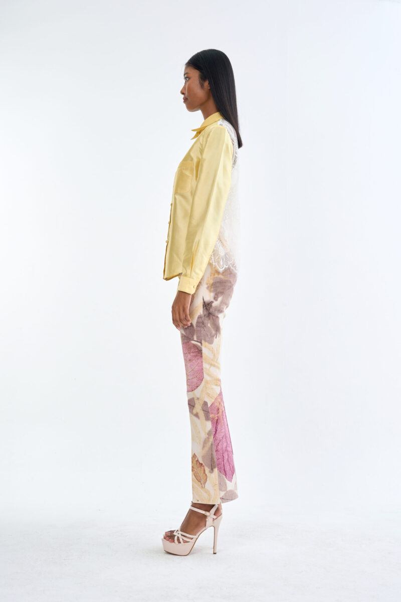 Pastel Yellow Long Sleeve Shirt & Leaf Print Pants Set